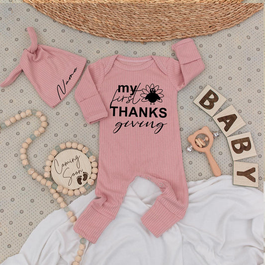 My First Thanksgiving Baby Bodysuit & Hat Set - Newborn Outfit, Cute Long Sleeve Jumpsuit, Little Turkey, Playful Infant Clothes, Shower Gift 138