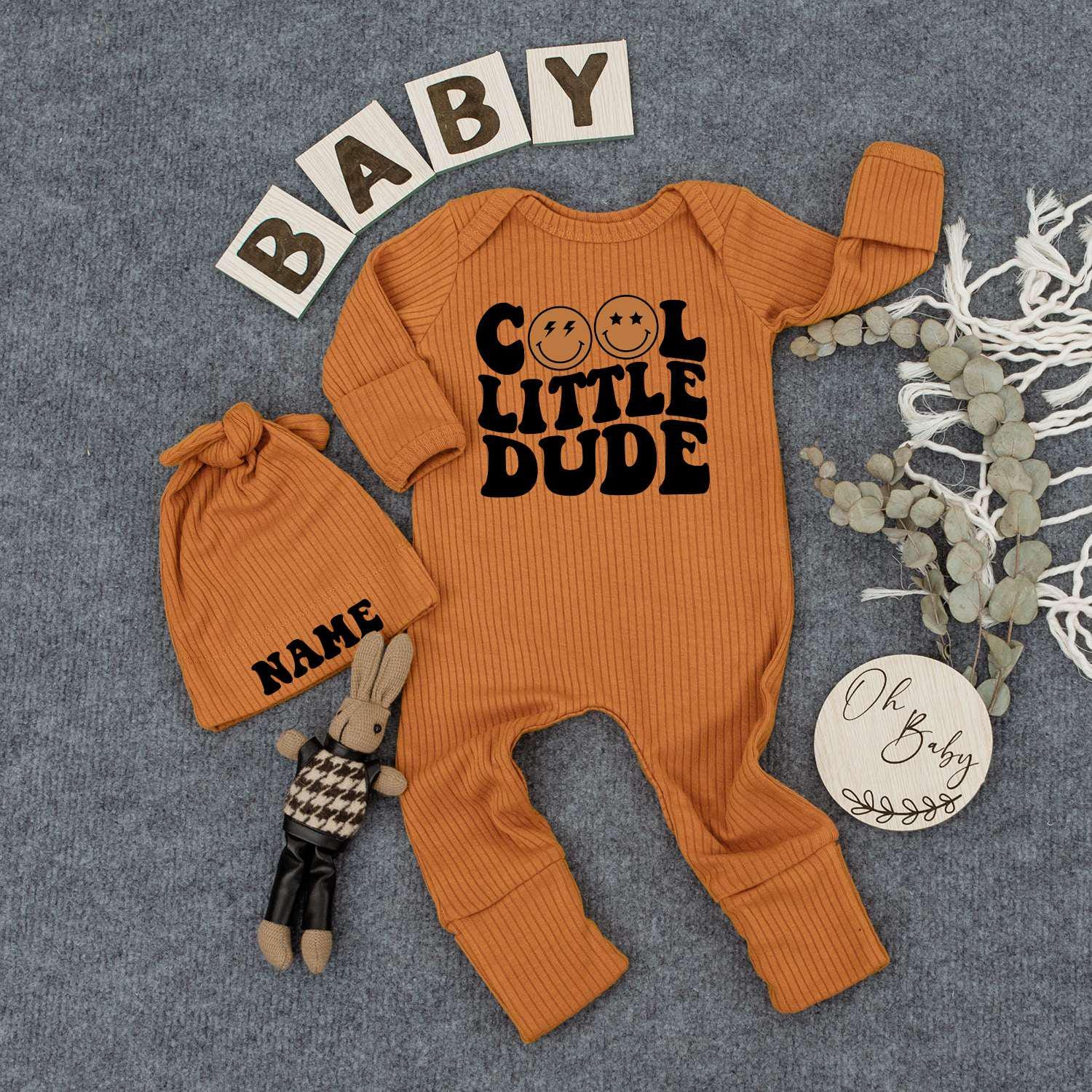Cool Little Dude Bodysuit & Hat Set: Retro Baby Boy Outfit, Pregnancy Announcement, Newborn Gift, Personalized Name Hat, Coming Home Outfit 137 chars