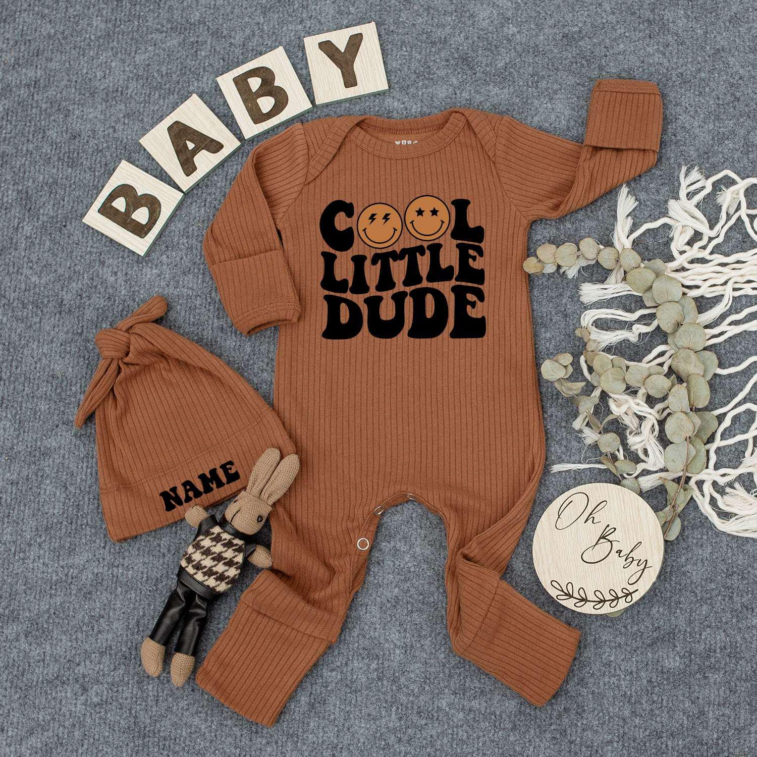 Cool Little Dude Bodysuit & Hat Set: Retro Baby Boy Outfit, Pregnancy Announcement, Newborn Gift, Personalized Name Hat, Coming Home Outfit 137 chars