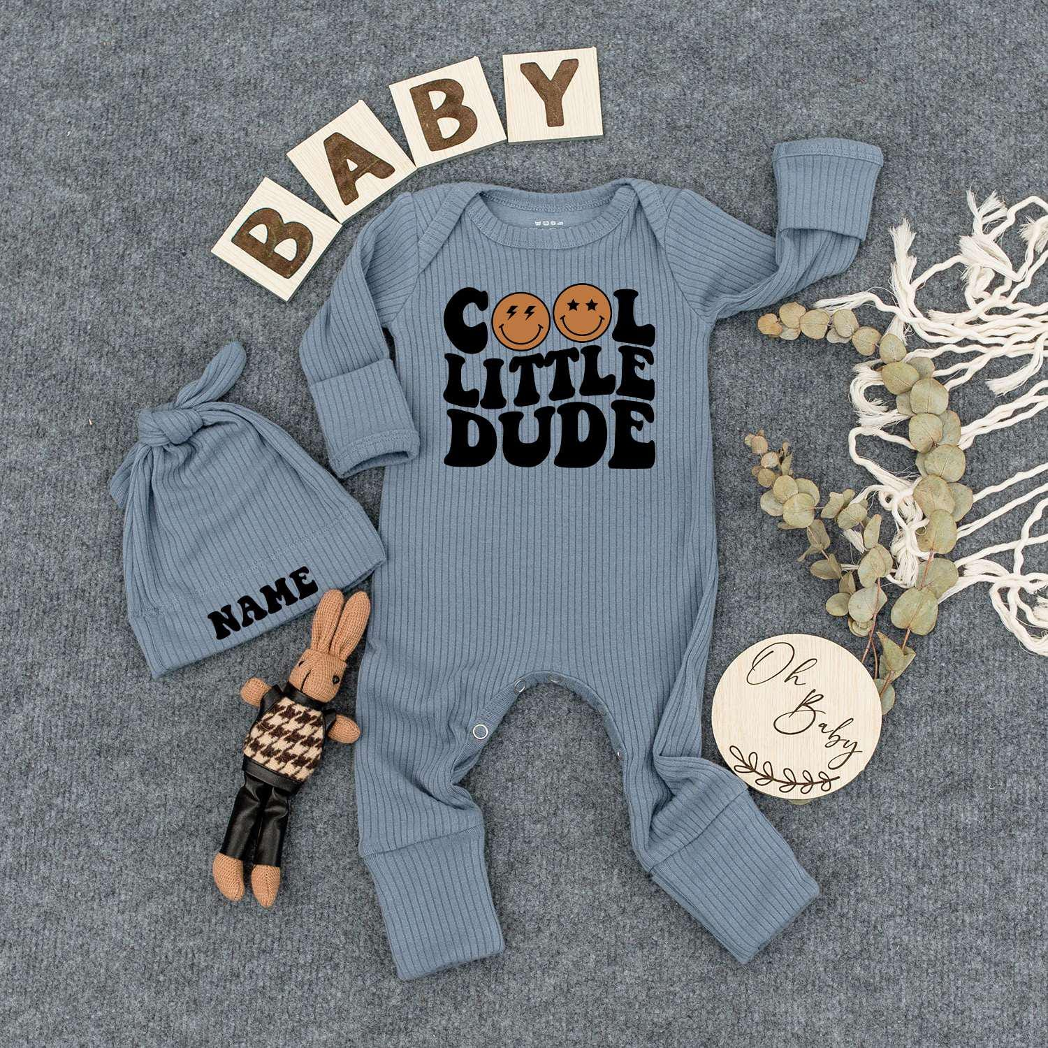 Cool Little Dude Bodysuit & Hat Set: Retro Baby Boy Outfit, Pregnancy Announcement, Newborn Gift, Personalized Name Hat, Coming Home Outfit 137 chars