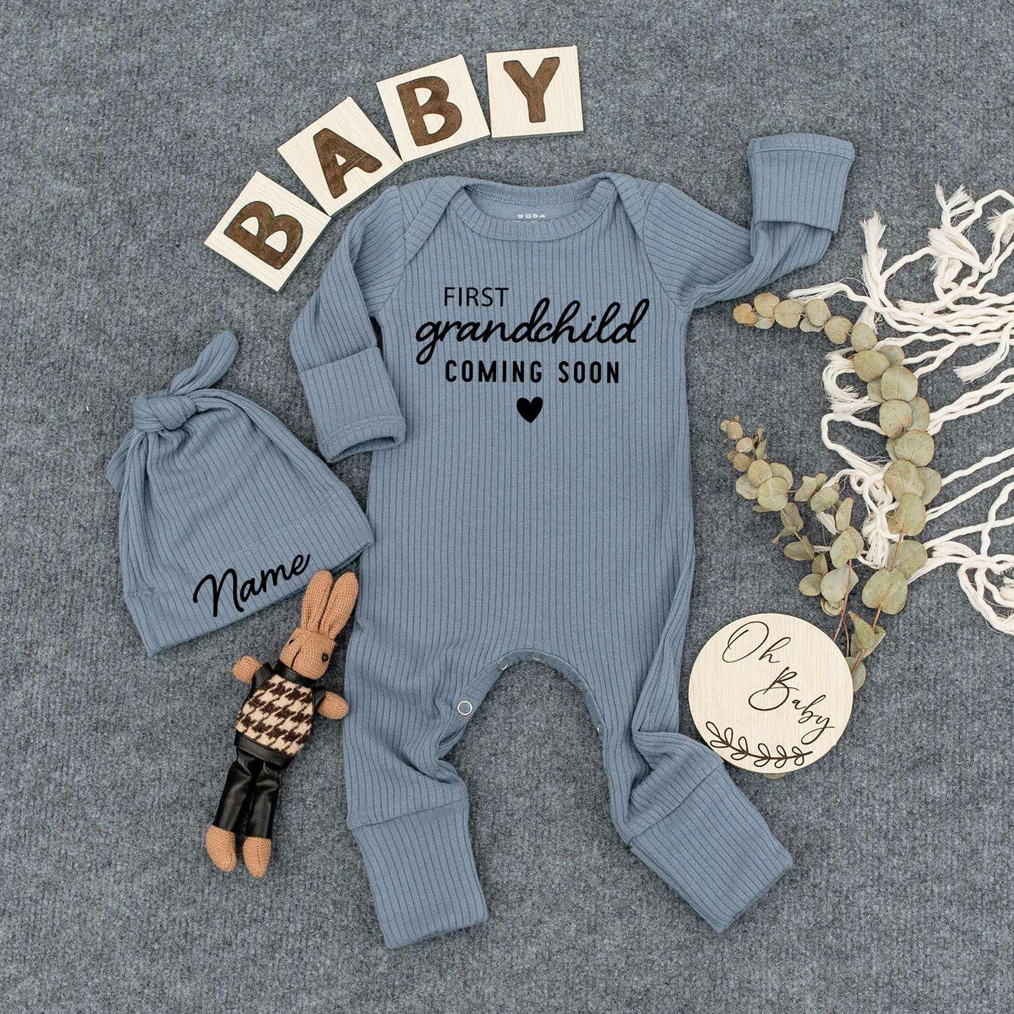 Custom First Great Grandchild Coming Soon Bodysuit & Hat Set Pregnancy Announcement Simple Black Heart Baby Shower Gift Newborn Outfit