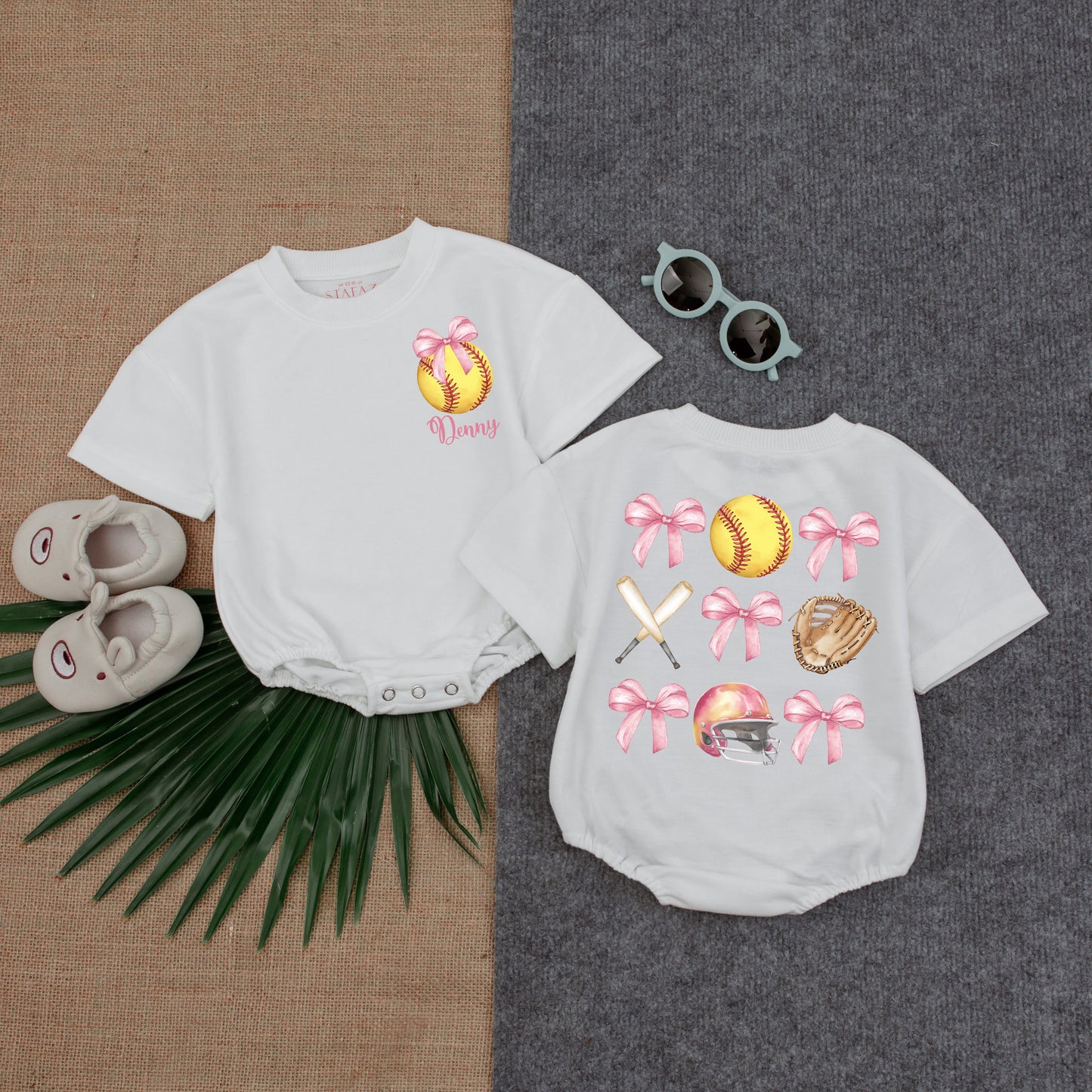 Personalized Pink Bow Softball Bubble Romper Girl Birthday Game Day Baby Clothes Watercolor Sports Graphics Short Sleeve Infant Gift