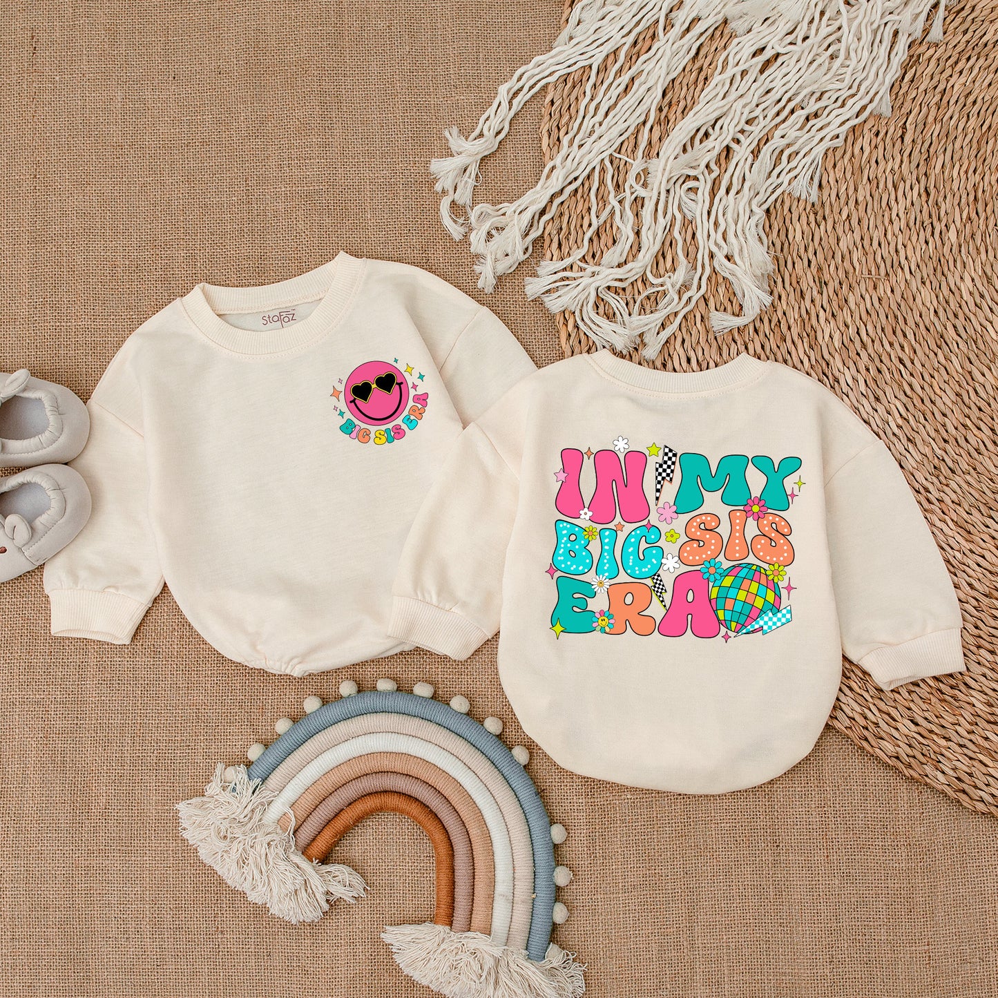 In My Big Sis Era Baby Bubble Romper Retro Pink Smiley Girl Outfit Gift