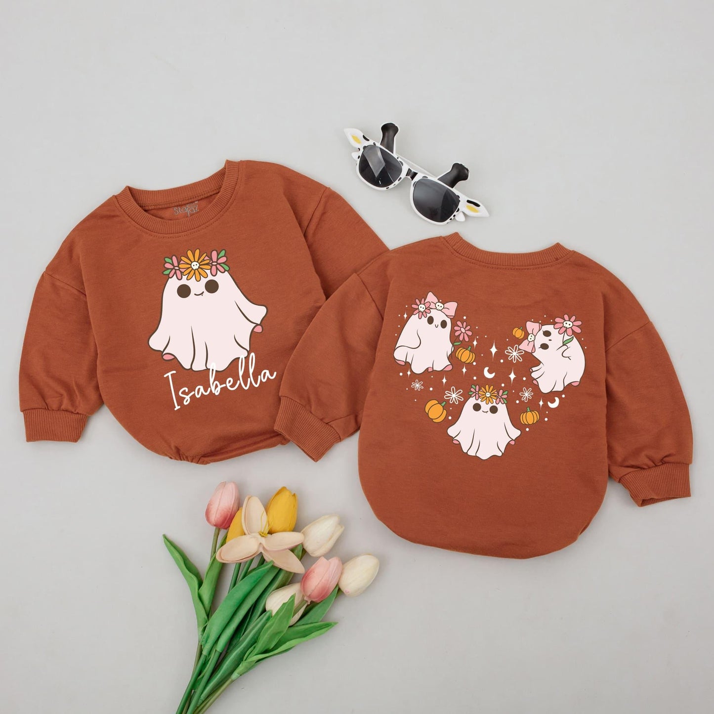 Personalized Isabella Ghost Halloween Romper Cute Cartoon Floral Crown Baby Bodysuit Whimsical Fall Outfit Newborn Toddler Infant Girl Gift