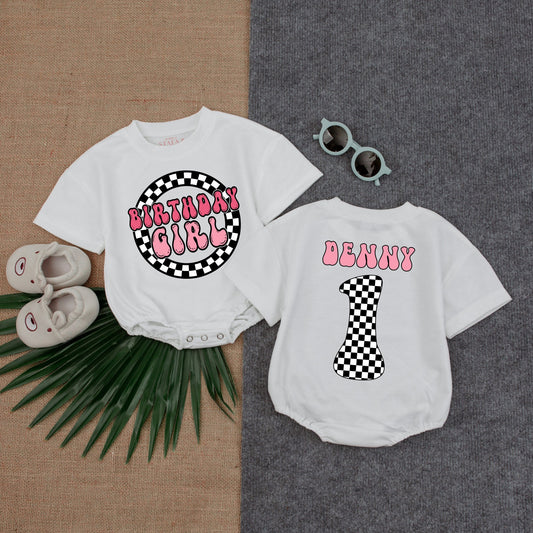 Personalized Birthday Girl Romper Checkered 1st Birthday Outfit Custom Name Pink Retro First Birthday Romper Baby Girl One Year Old Clothes