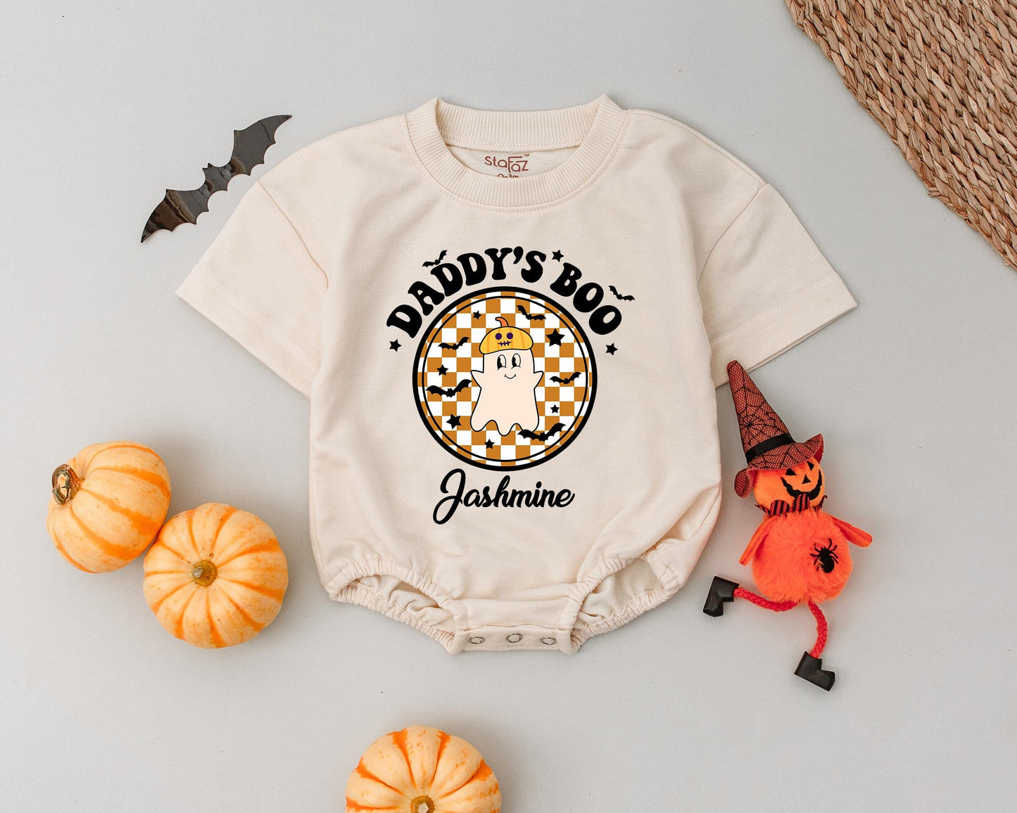 Custom Jashmine's First Halloween Romper: Daddy's Boo Vintage Ghost Outfit, Adorable Baby Boy Girl Bodysuit, Pumpkin Hat Spooky Celebration (138 chars)