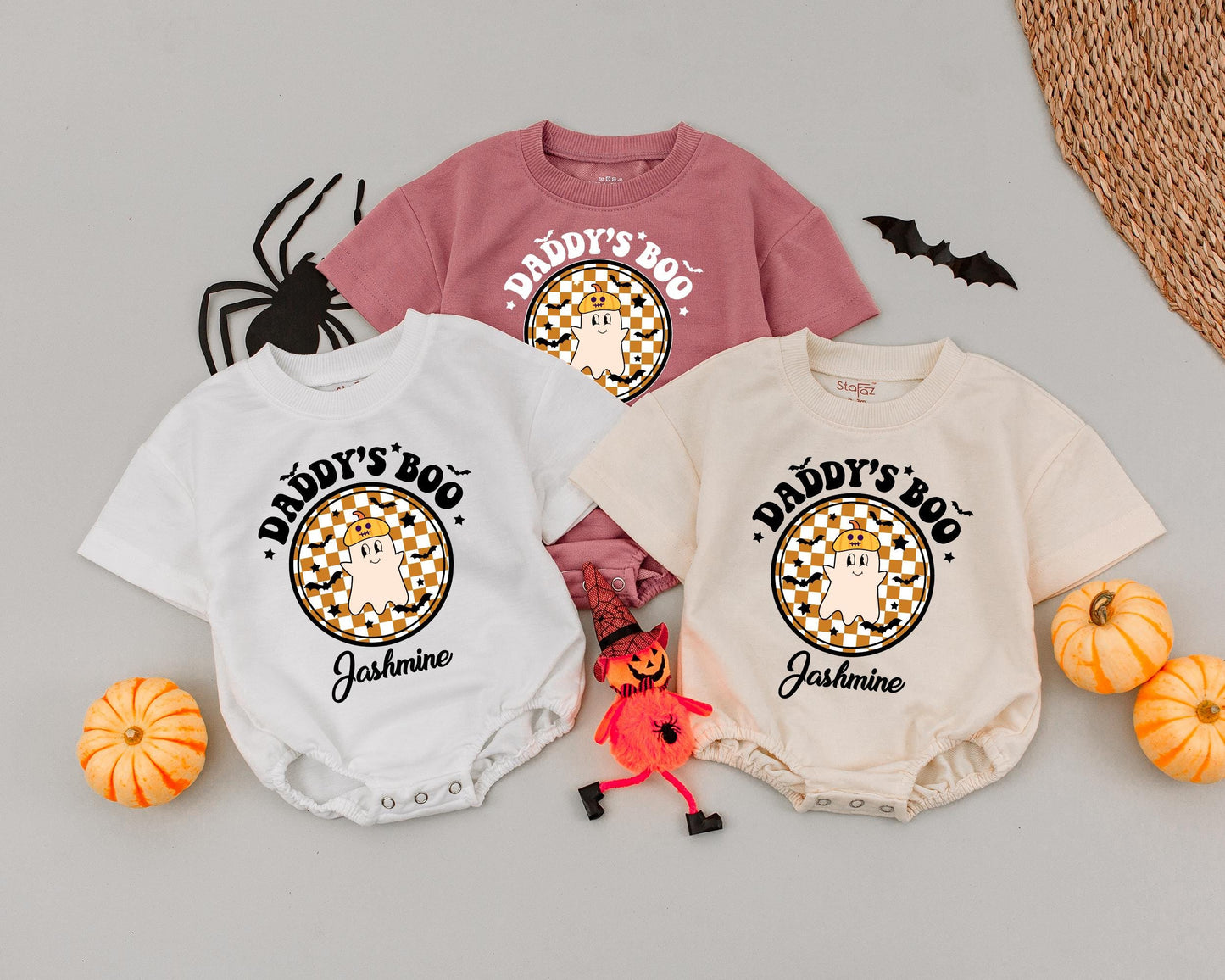 Custom Jashmine's First Halloween Romper: Daddy's Boo Vintage Ghost Outfit, Adorable Baby Boy Girl Bodysuit, Pumpkin Hat Spooky Celebration (138 chars)