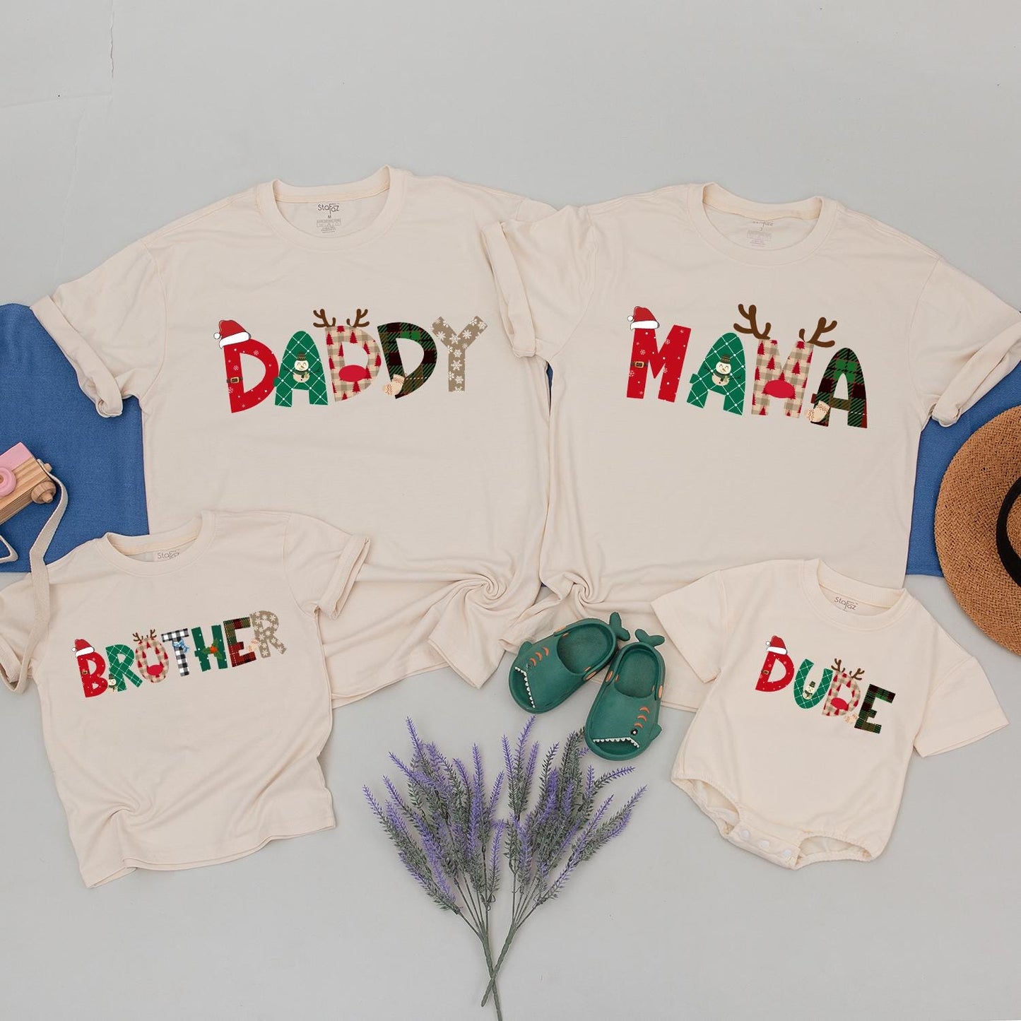 Festive Christmas Family Shirts Mama Daddy Brother Dude Matching Holiday Plaid Snowflakes Santa Reindeer Red Green Fun Family Reunion Tees