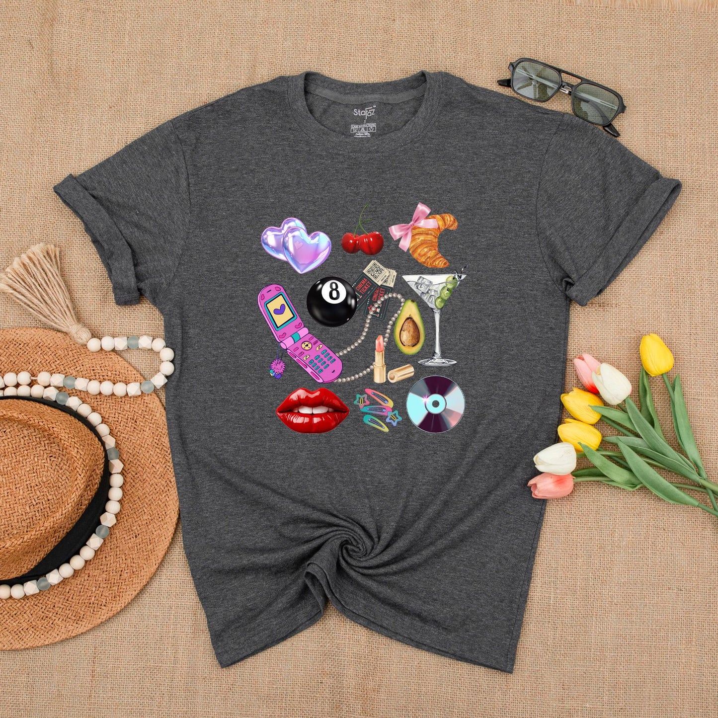 Y2K Collage Graphic Tee Fun Retro Hearts Cherries Croissant Flip Phone Martini Glass Summer Shirt Gift for Her