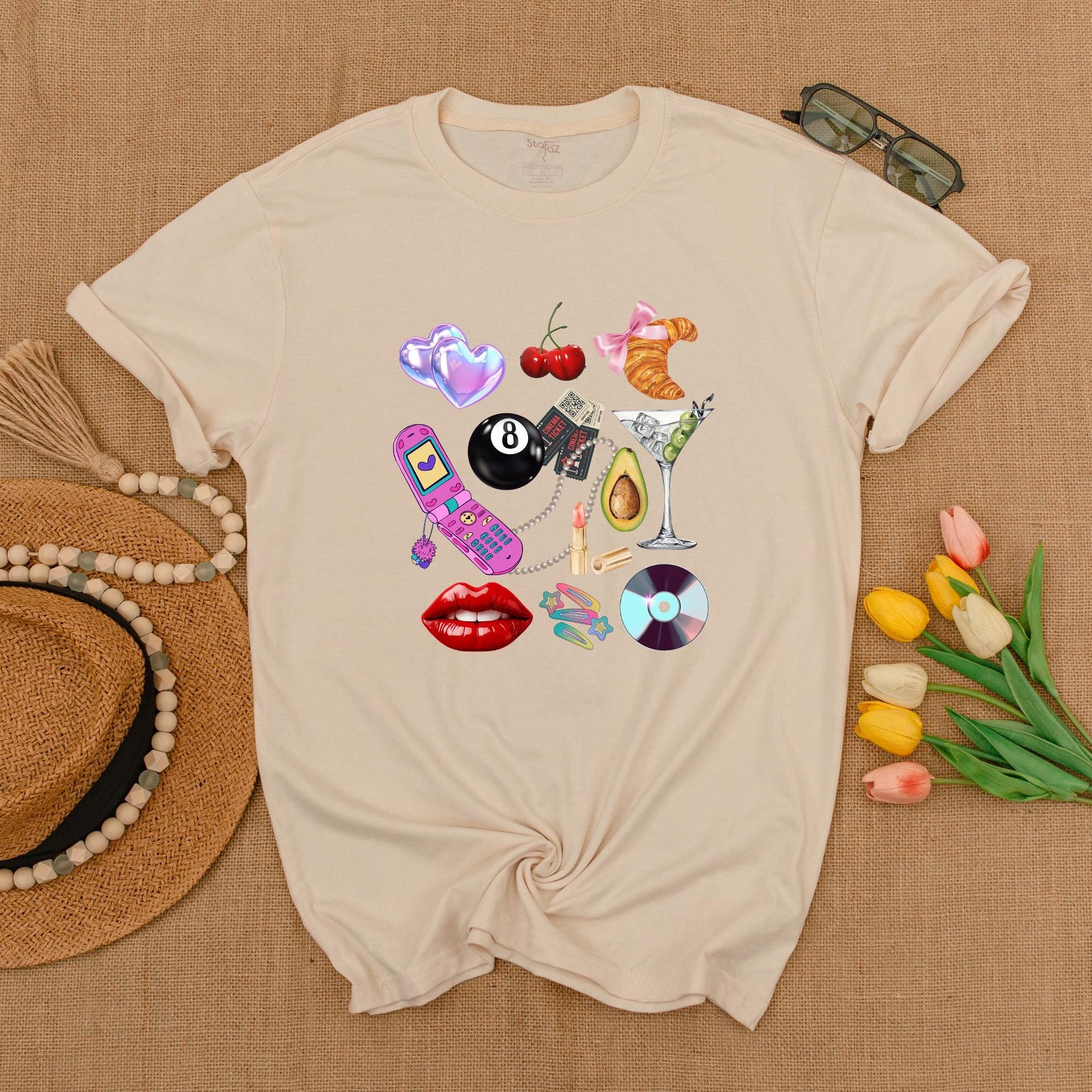 Y2K Collage Graphic Tee Fun Retro Hearts Cherries Croissant Flip Phone Martini Glass Summer Shirt Gift for Her
