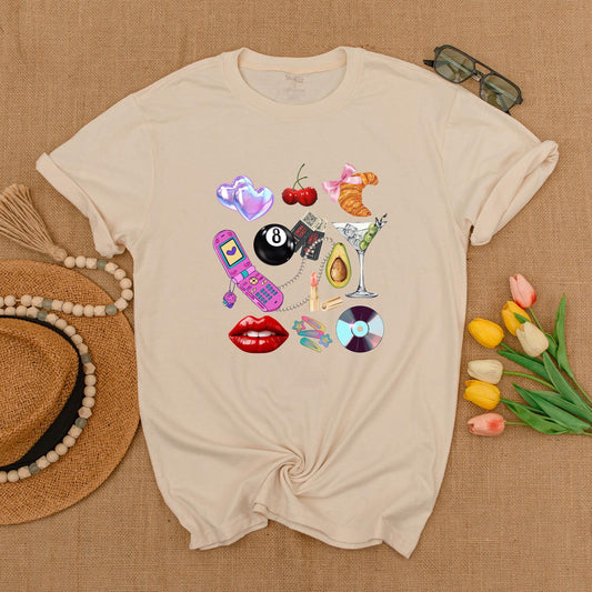 Y2K Collage Graphic Tee Fun Retro Hearts Cherries Croissant Flip Phone Martini Glass Summer Shirt Gift for Her