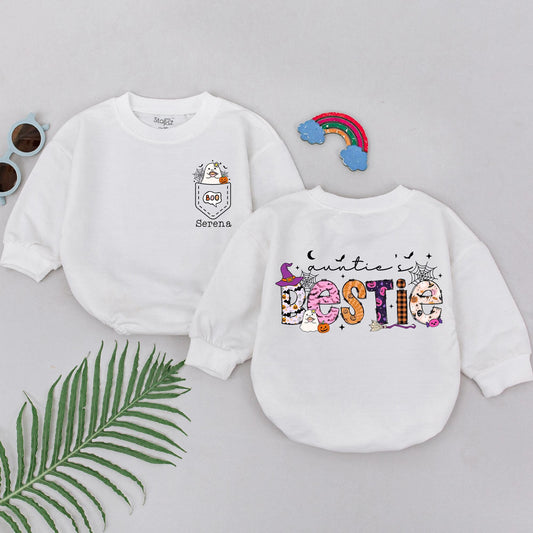 Personalized Auntie's Bestie Baby Romper Spooky First Halloween Ghost Pumpkin Spiderweb Design Little Boo Shower Gift Outfit