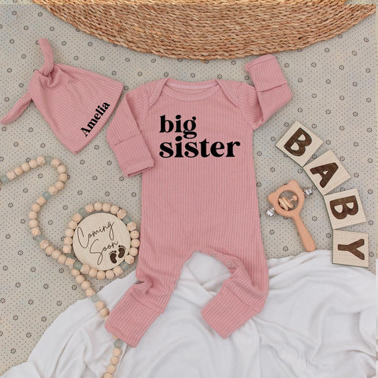 Cute Big Sister Bodysuit & Hat Set Personalized Amelia Newborn Baby Girl Outfit Gift