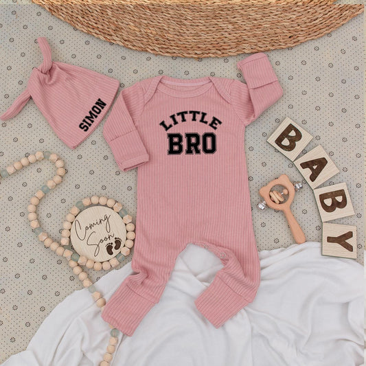 Personalized Little Bro Bodysuit & Simon Name Hat Set for Baby Boy Newborn Gift Announcement Outfit Classic Collegiate Soft Cotton Infant Sibling Brother Clothes