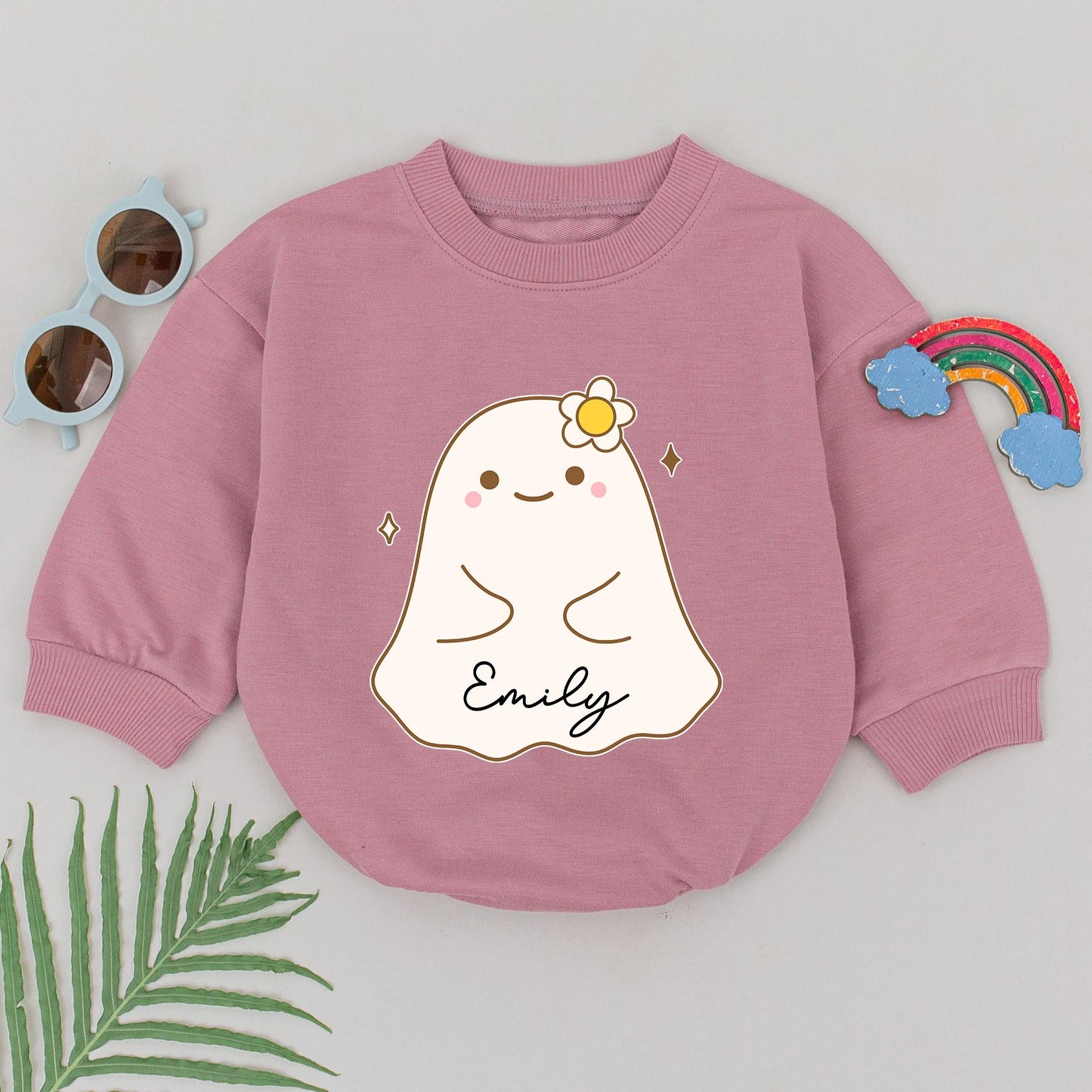 Personalized First Halloween Baby Romper Cute Ghost Name Design Sweet Boo Outfit Yellow Flower Cheeks Fall Shower Gift Infant Bodysuit