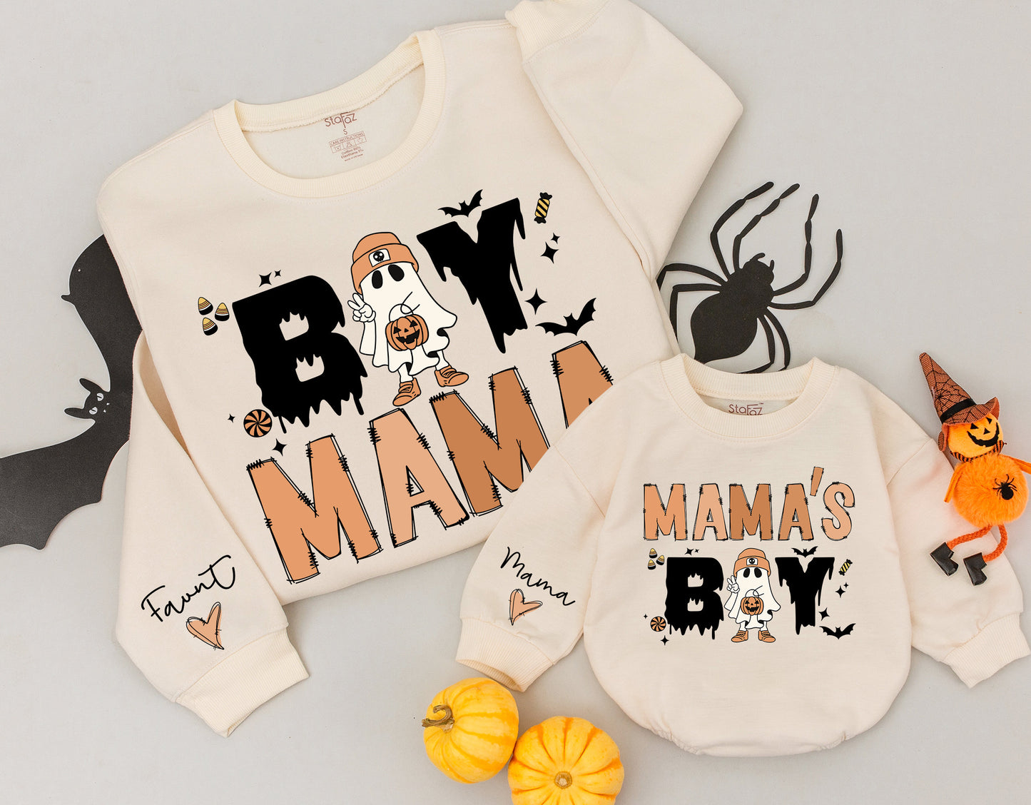 Cozy Mommy and Me Retro Halloween Sweatshirts featuring Vintage Ghost for Boy Mama Mama's Boy Matching Family Outfits Fall