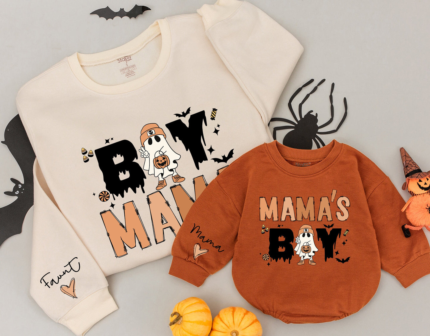 Cozy Mommy and Me Retro Halloween Sweatshirts featuring Vintage Ghost for Boy Mama Mama's Boy Matching Family Outfits Fall