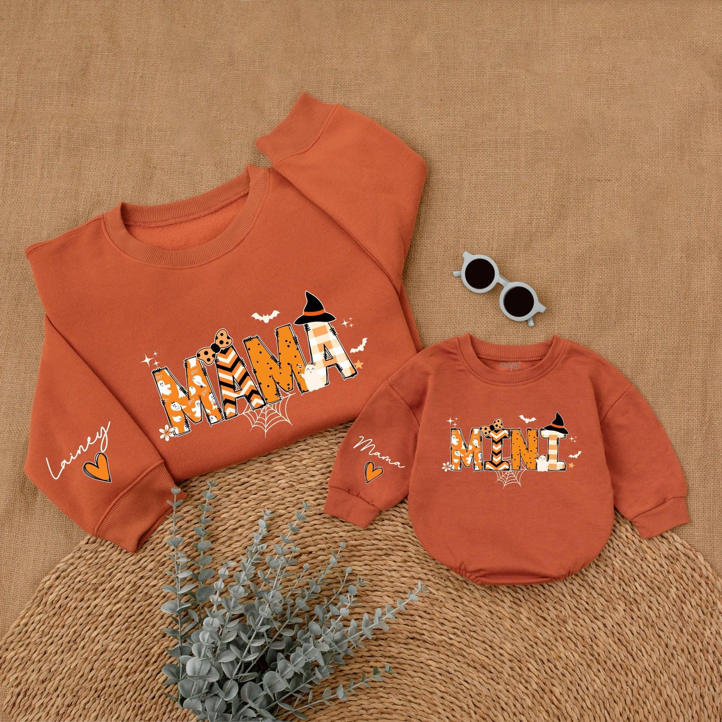 Custom Mama and Mini Halloween Sweatshirts Cute Ghost Spiderweb Design Spooky Season Matching Mom and Me Outfit Orange Black Witch Bat Stars