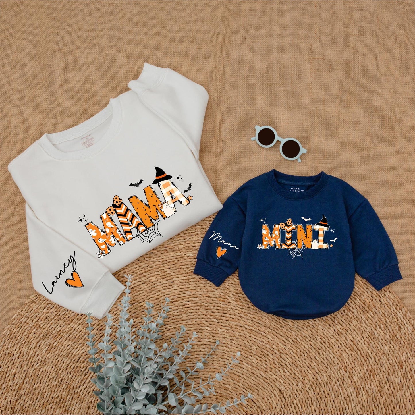 Custom Mama and Mini Halloween Sweatshirts Cute Ghost Spiderweb Design Spooky Season Matching Mom and Me Outfit Orange Black Witch Bat Stars