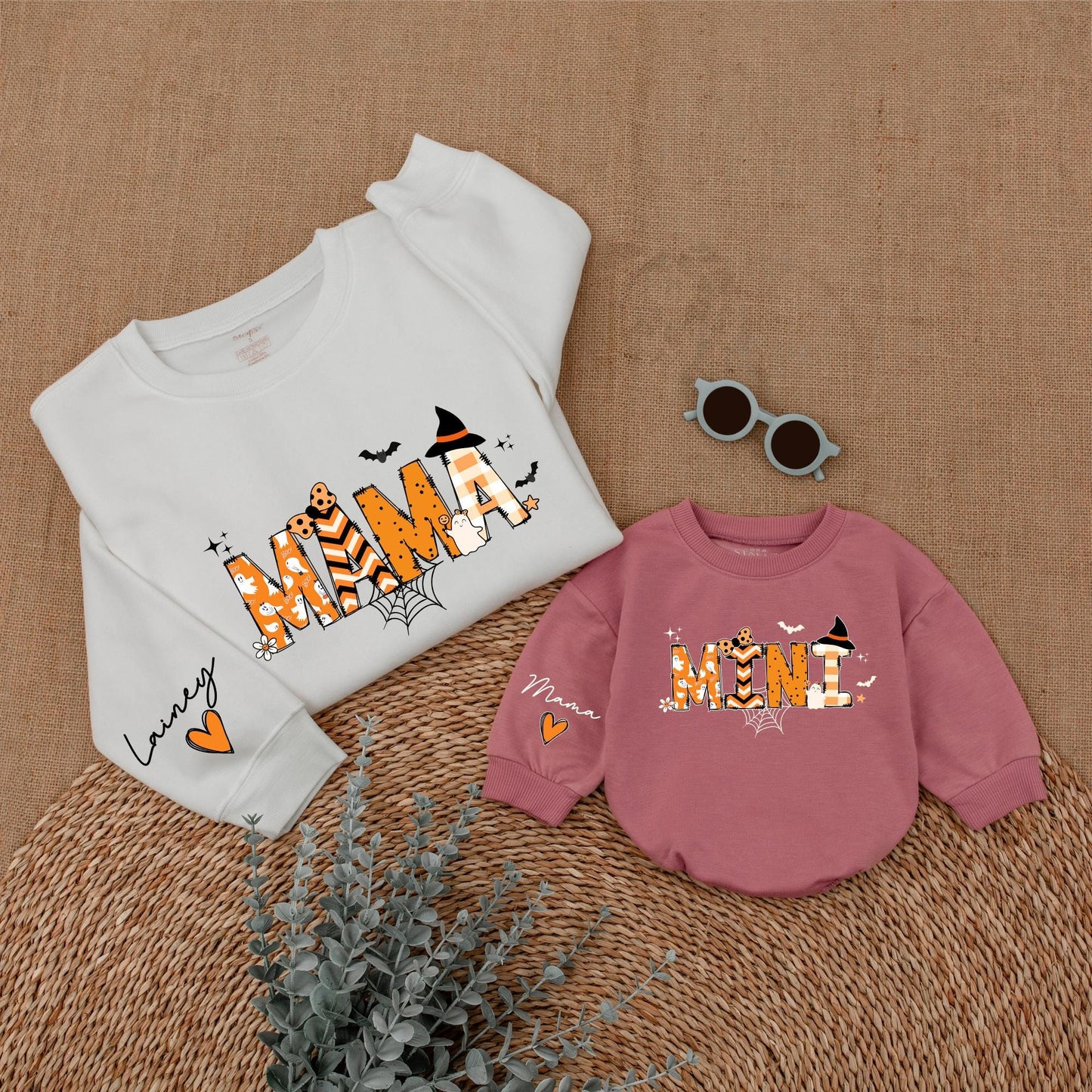 Custom Mama and Mini Halloween Sweatshirts Cute Ghost Spiderweb Design Spooky Season Matching Mom and Me Outfit Orange Black Witch Bat Stars