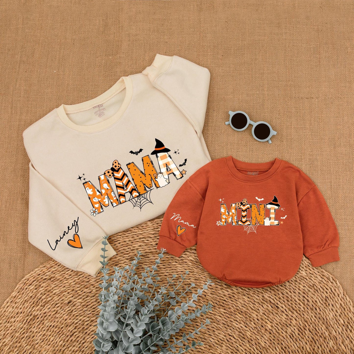 Custom Mama and Mini Halloween Sweatshirts Cute Ghost Spiderweb Design Spooky Season Matching Mom and Me Outfit Orange Black Witch Bat Stars