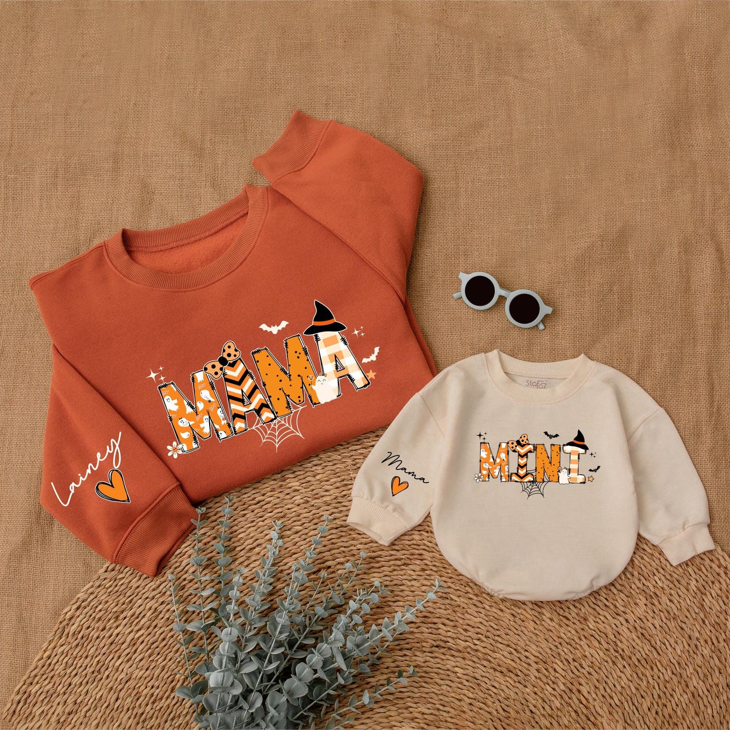 Custom Mama and Mini Halloween Sweatshirts Cute Ghost Spiderweb Design Spooky Season Matching Mom and Me Outfit Orange Black Witch Bat Stars