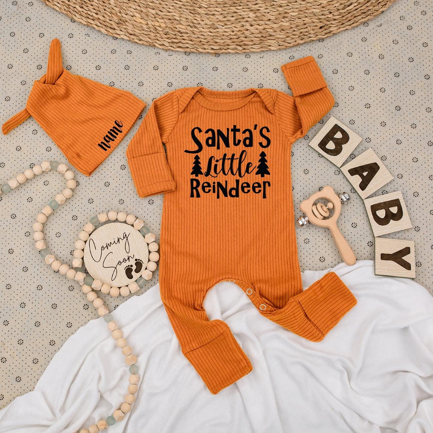 Santa's Little Reindeer Baby Bodysuit and Hat Set Cute Christmas Tree Text Unisex Newborn Gift Personalized Name Outfit 1st Xmas