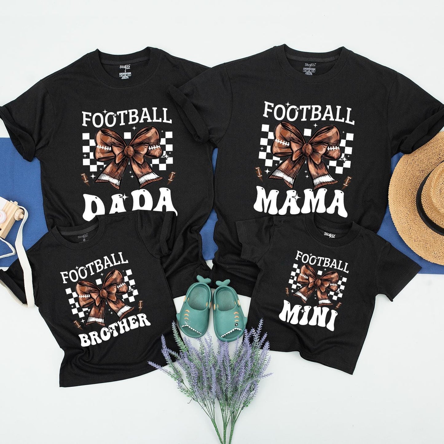 Football Family Matching Shirts DADA MAMA SISTER MINI with Checkerboard Bow Design for Football Season Gifts Baby Romper