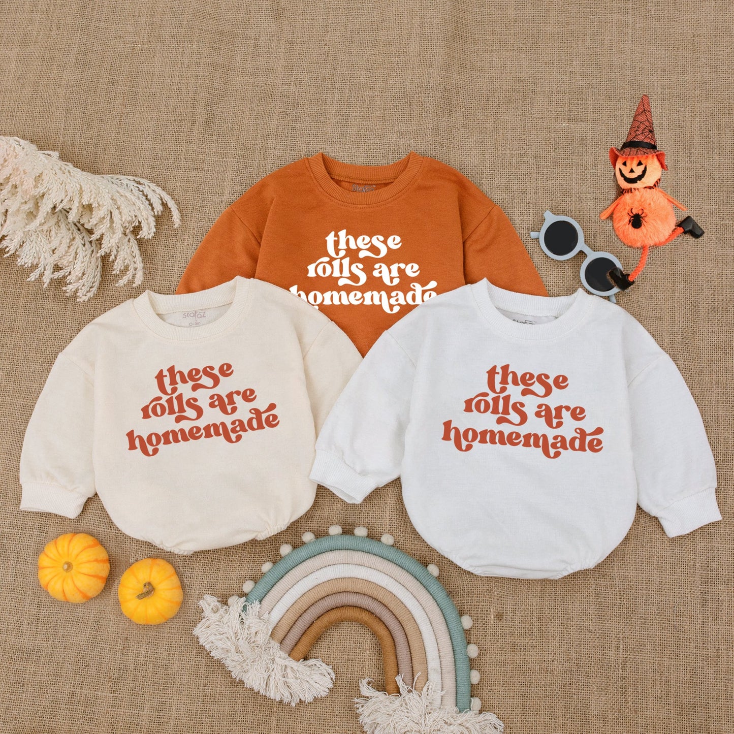 Homemade Rolls Baby Bodysuit: Retro Thanksgiving Outfit, Funny Fall Bodysuit, Infant Romper, Kids Sweater, Newborn Clothes, Vintage Brown Text 138