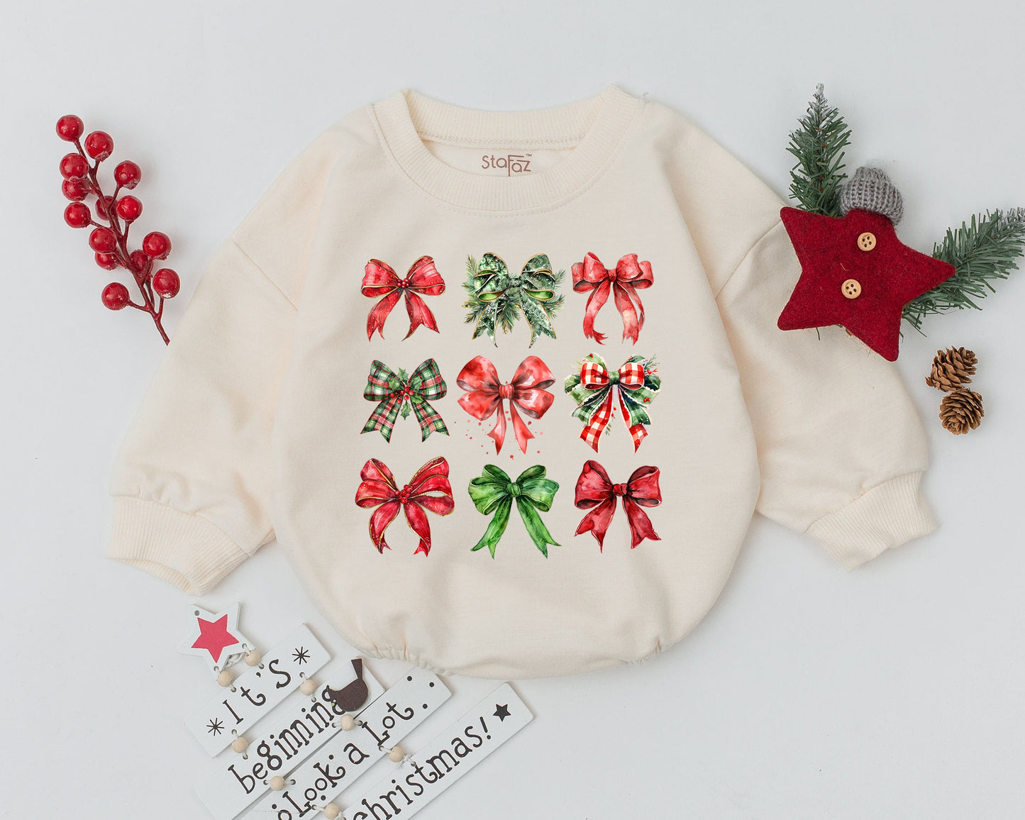 Adorable Baby Girl First Christmas Romper with Festive Plaid Bows, Red Green Holly Berries, Infant Bodysuit, Toddler Clothes, Baby Shower Gift