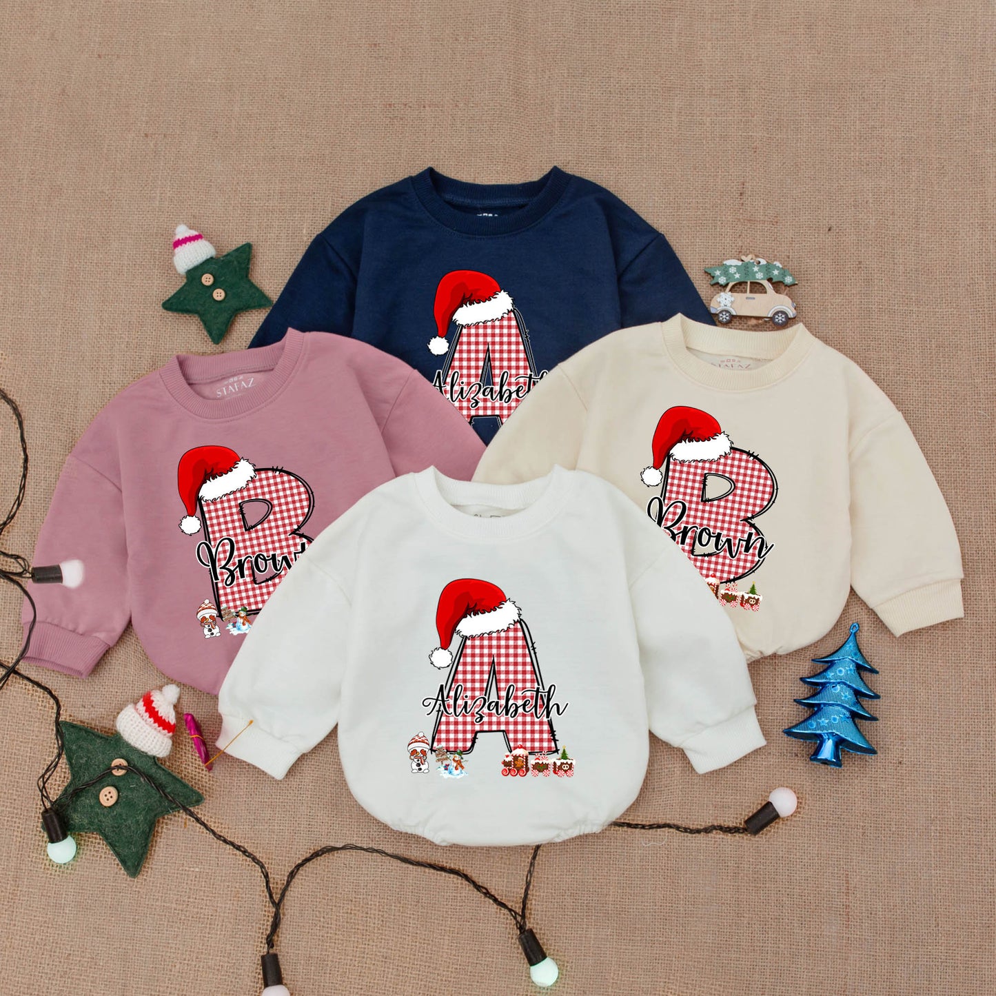 Custom Christmas Baby Outfit with Red Gingham Initial & Santa Hat! Personalized Baby Bodysuit or Romper Gift