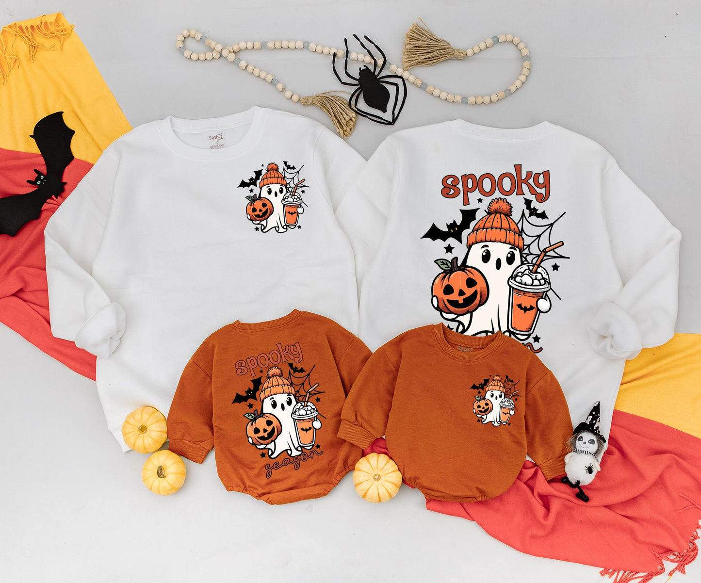 Matching Family Halloween Sweatshirt & Romper Cute Spooky Ghost Design Vintage Cartoon Style Orange Black White Fall Celebration Gift