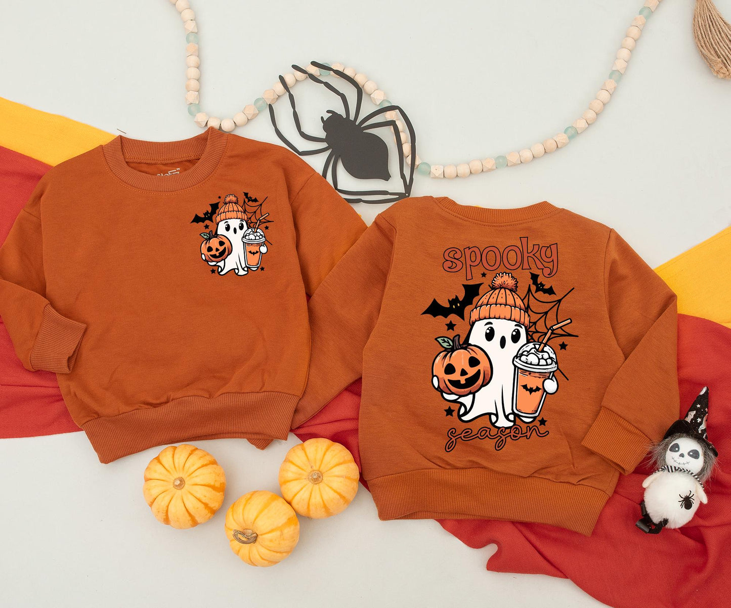 Matching Family Halloween Sweatshirt & Romper Cute Spooky Ghost Design Vintage Cartoon Style Orange Black White Fall Celebration Gift