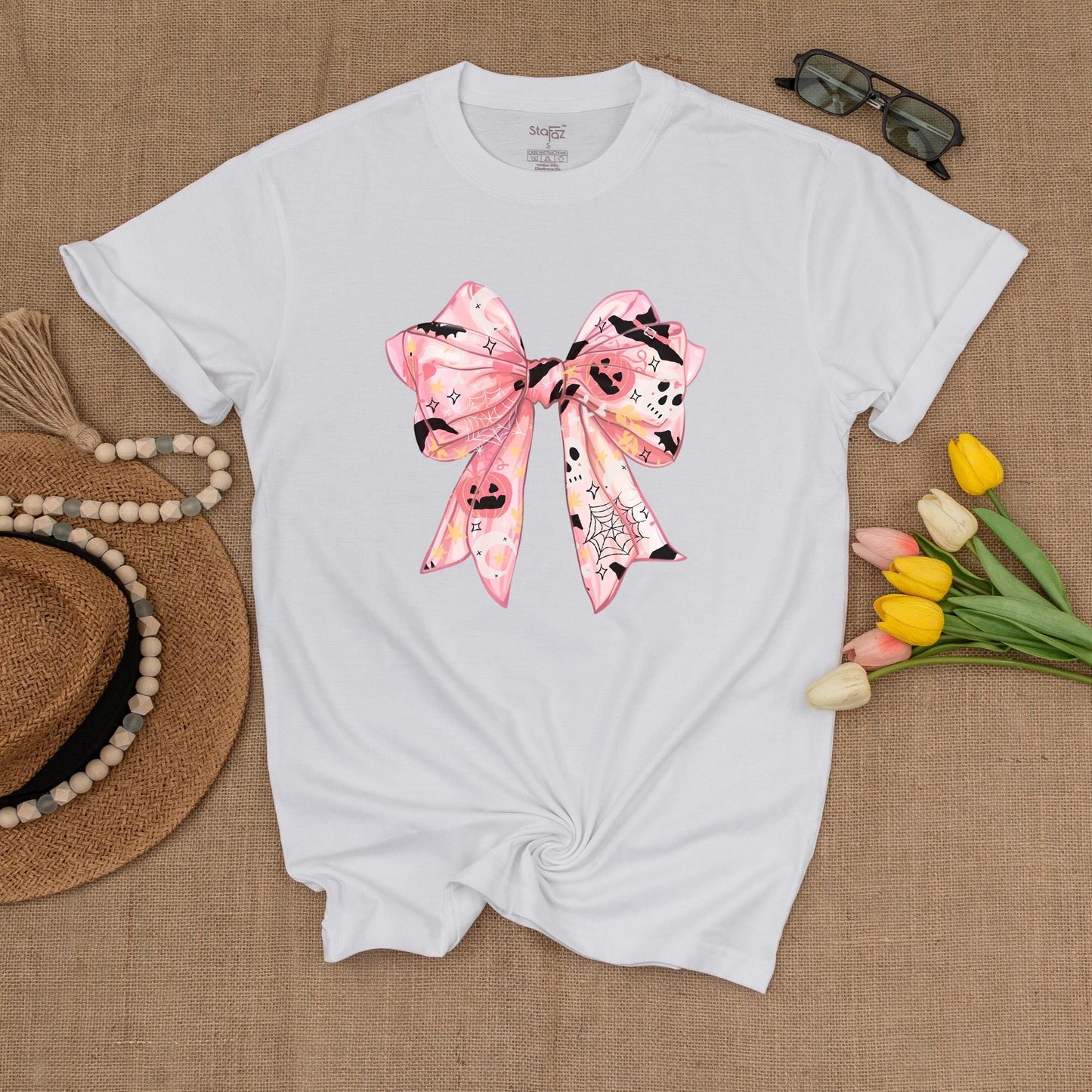 Pink Ghost Bow Tee, Cute Halloween Shirt, Spooky Vibes, Gift for Her