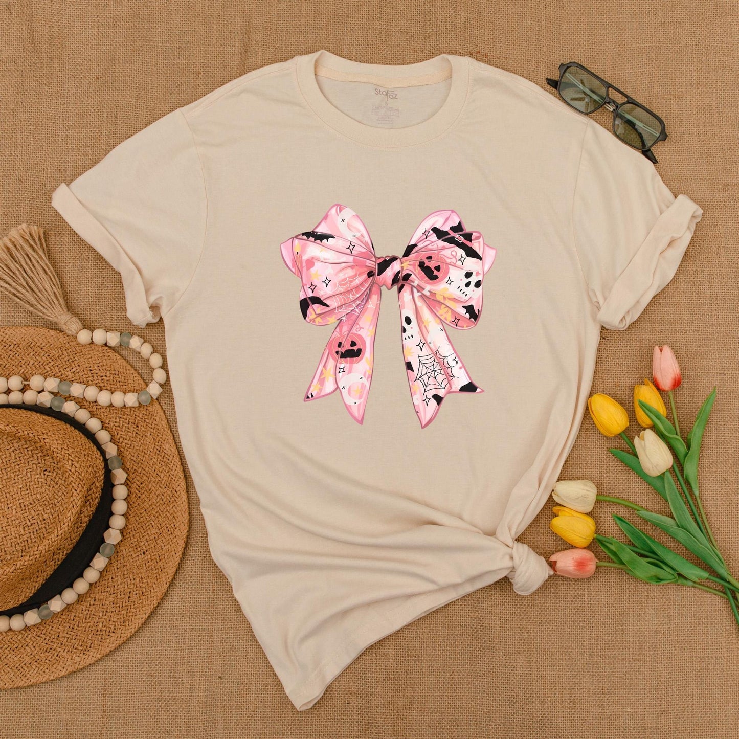 Pink Ghost Bow Tee, Cute Halloween Shirt, Spooky Vibes, Gift for Her