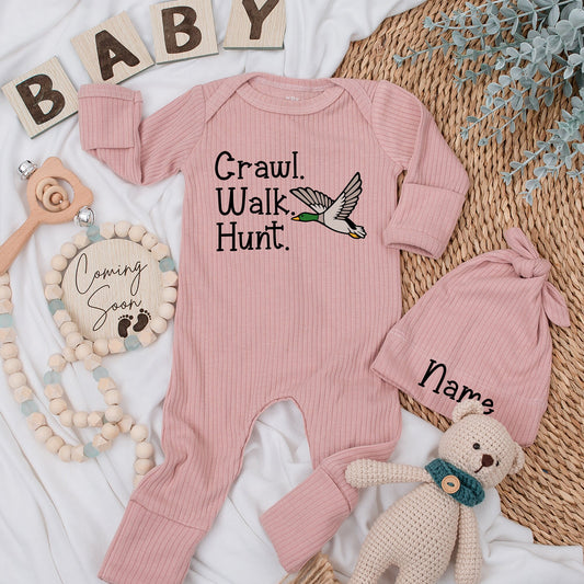 Craw Walk Hunt Baby Bodysuit & Hat Set - Duck Hunting Gift for Newborn Boy or Girl, Mallard Clothes, Baby Shower