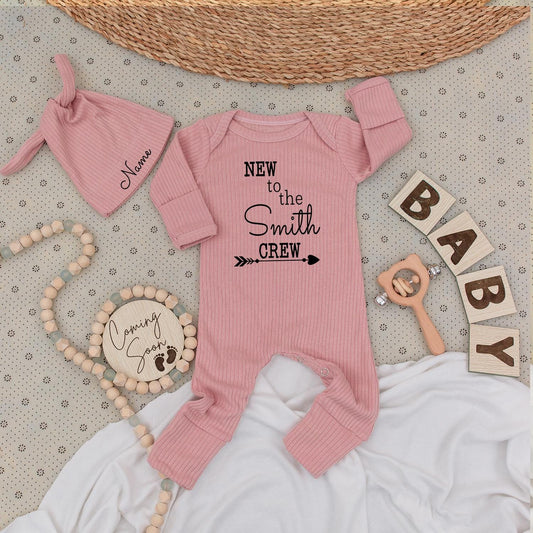 Personalized New To The Crew Baby Bodysuit Set with Hat Custom Name Newborn Gift Welcome Family Outfit Modern Black Ink Design Baby Announcement Unique Shower Gift