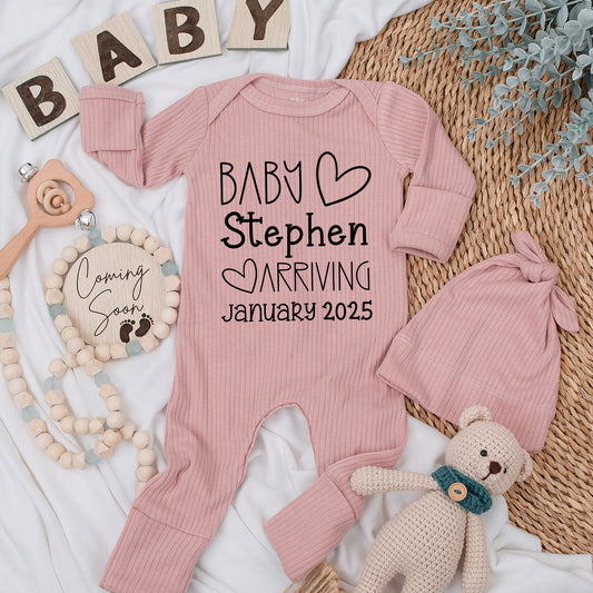 Personalized Baby Arriving Romper - Custom Name & Date Newborn Outfit, Soft Silky Going Home Outfit for Baby Boys & Girls, Minimalist Heart Design 139