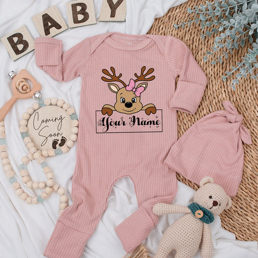 Personalized Reindeer Baby Bodysuit & Hat Set Silky Soft Newborn Long Sleeve Going Home Outfit with Pink Bow Whimsical Christmas Gift