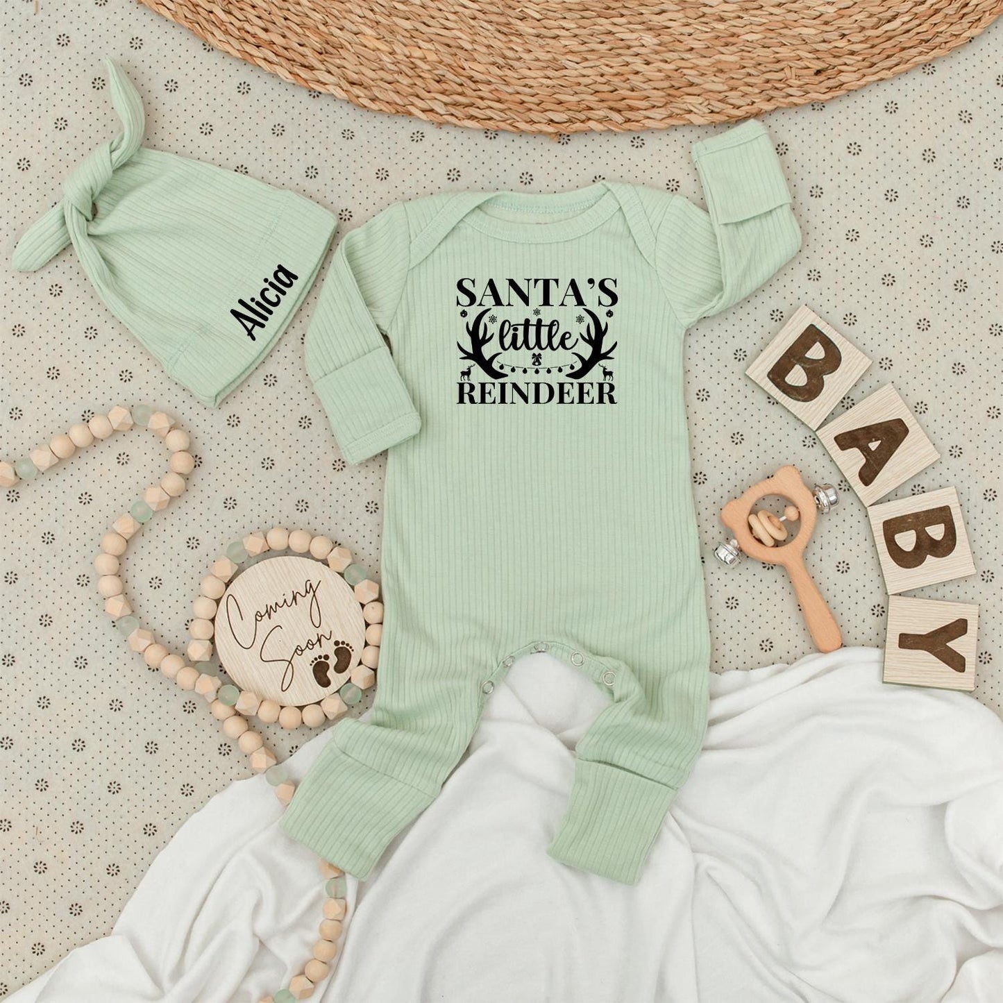 Santa's Little Reindeer Baby Bodysuit and Hat Set Personalized Name Outfit Cute 1st Xmas New Baby Unisex Gift Coming Soon Festive Holiday