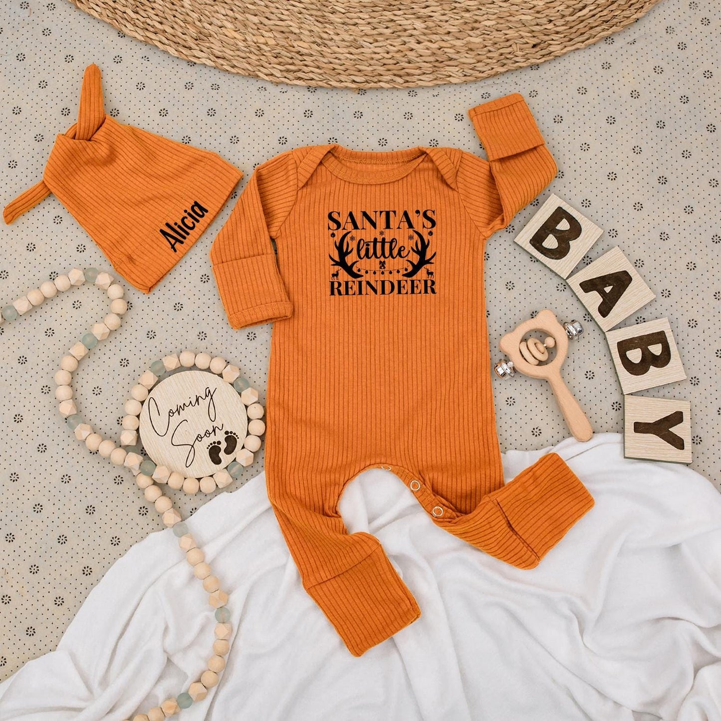 Santa's Little Reindeer Baby Bodysuit and Hat Set Personalized Name Outfit Cute 1st Xmas New Baby Unisex Gift Coming Soon Festive Holiday