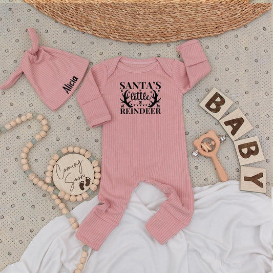 Santa's Little Reindeer Baby Bodysuit and Hat Set Personalized Name Outfit Cute 1st Xmas New Baby Unisex Gift Coming Soon Festive Holiday