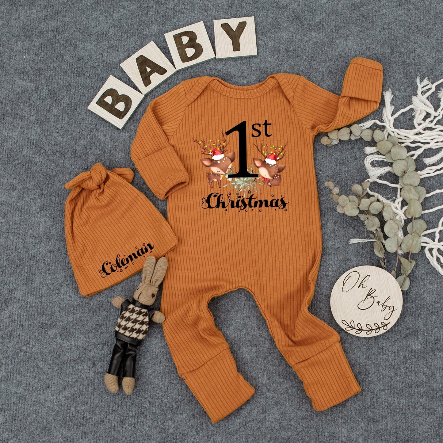 1st Christmas Baby Bodysuit & Hat Set - Custom Newborn Outfit, My First Xmas Gift, Baby Shower, Reindeer Design, Girl/Boy Announcement