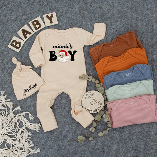Mama's Boy Christmas Baby Bodysuit, Santa Claus Newborn Jumpsuit, Baby Shower Gift, 1st Xmas Outfit, Cursive & Block Font Design