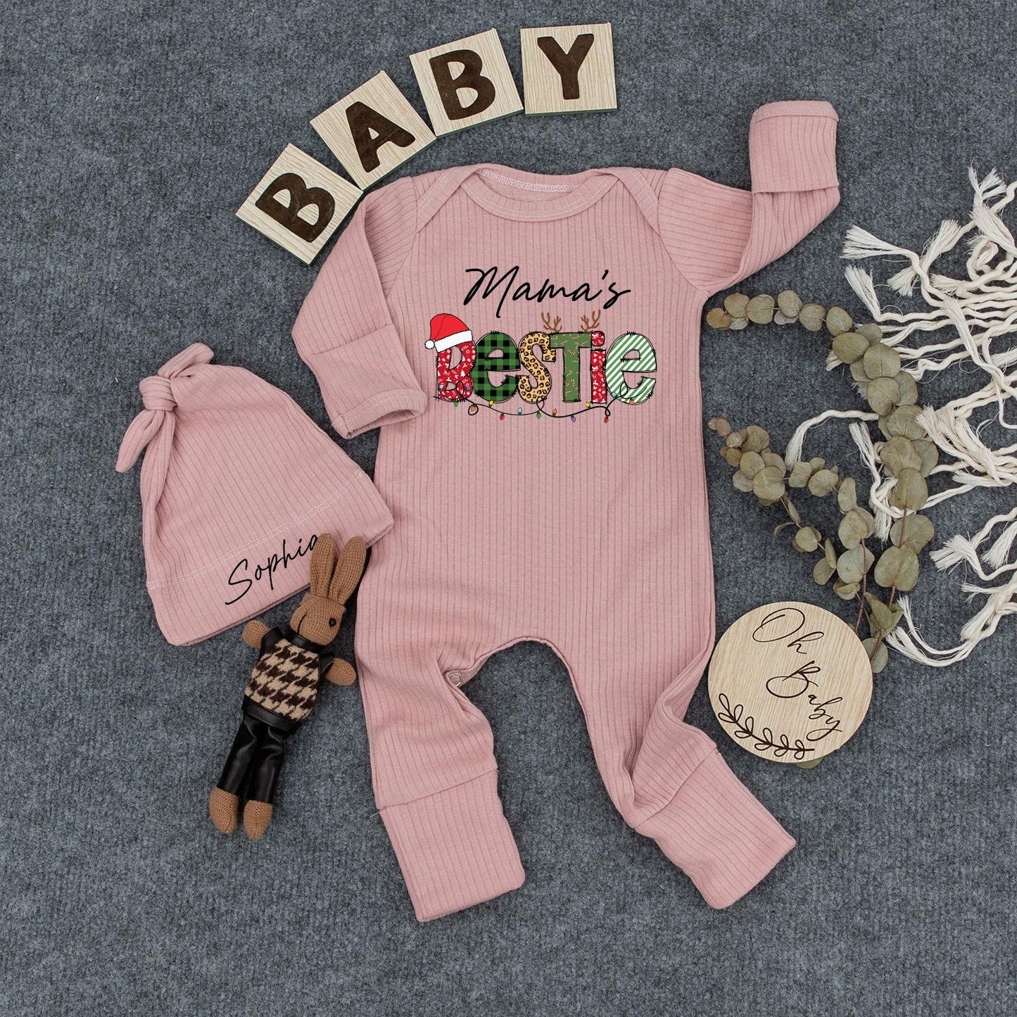 Mama's Bestie Christmas Bodysuit & Hat Set Newborn Baby Girl Boy Outfit Festive Santa Holiday Jumpsuit Coming Home Gift First Christmas
