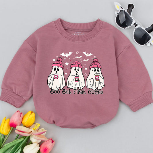 Boo But First Coffee Ghost Baby Romper Cute Halloween Outfit for Infant Girl or Boy Soft Cotton Fall Bodysuit Pink Hats Bats Stars 1st Halloween 138 chars