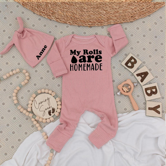 My Rolls Are HOMEMADE Baby Bodysuit Anne Hat Set Minimalist Newborn Gift Going Home Outfit Gender Neutral Cute Baby Announcement Thanksgiving Shower Clothes