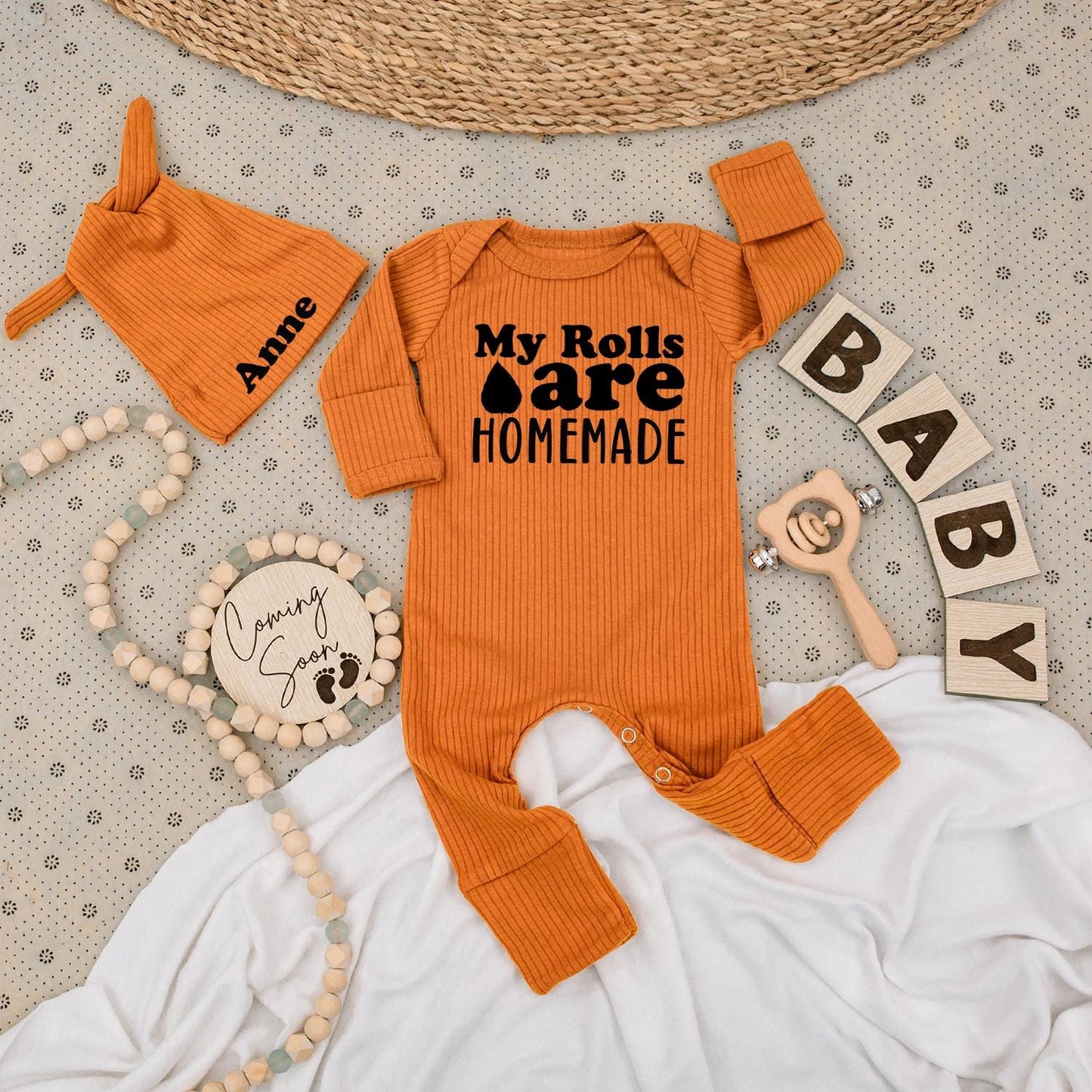 My Rolls Are HOMEMADE Baby Bodysuit Anne Hat Set Minimalist Newborn Gift Going Home Outfit Gender Neutral Cute Baby Announcement Thanksgiving Shower Clothes
