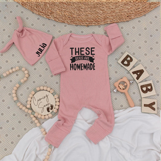Personalized These Rolls Are Homemade Baby Bodysuit & Hat Set Julia Name Newborn Coming Home Outfit Gift Cute Announcement Soft Cotton Unisex Clothes