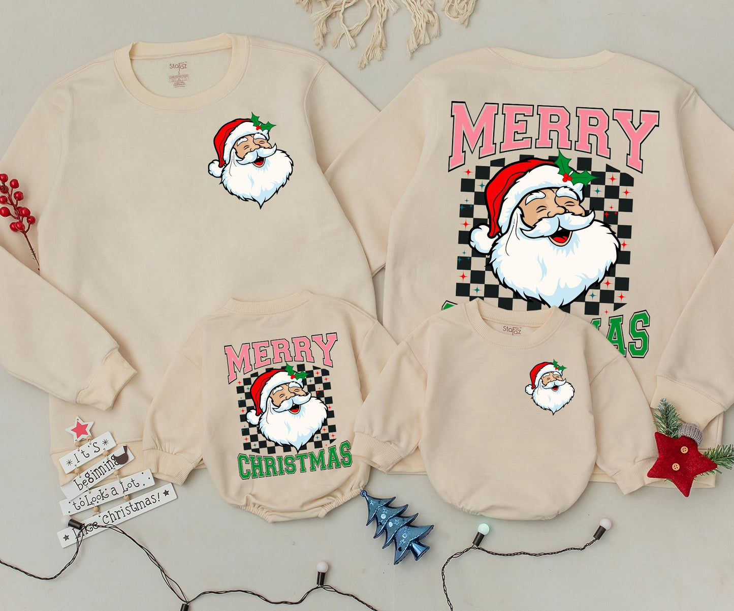 Matching Merry Christmas Santa Sweatshirt Toddler Baby Outfit, Retro Xmas Gift, Red Green White Black Colors, Cute Baby Newborn Clothing